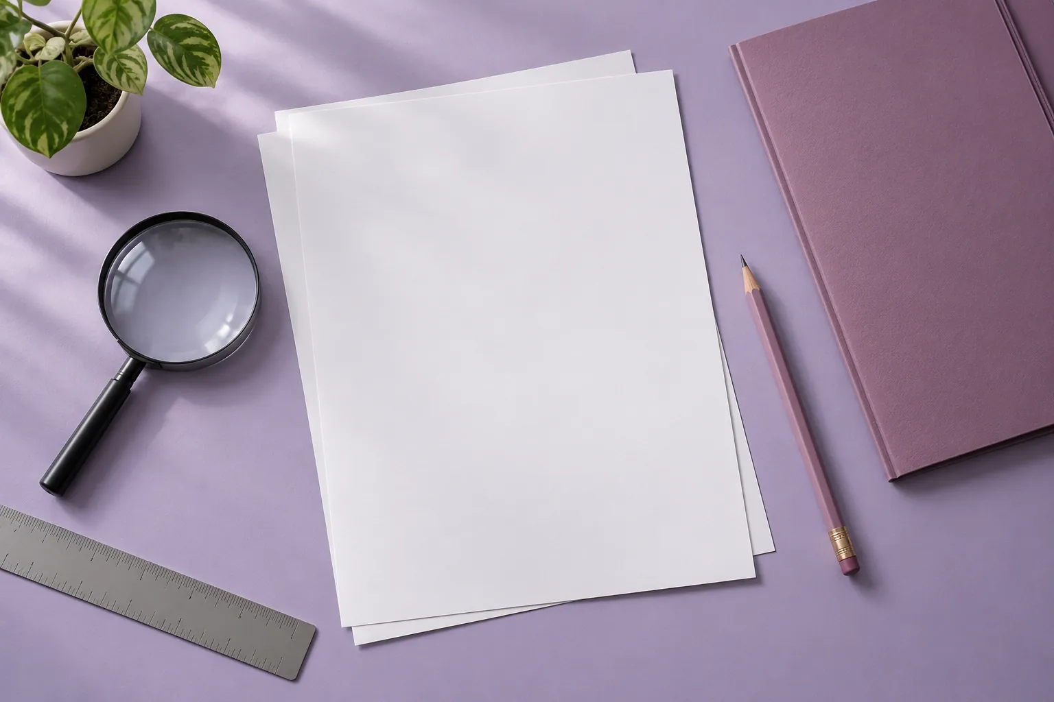 Blank report papers and magnifying glass on a lavender desk