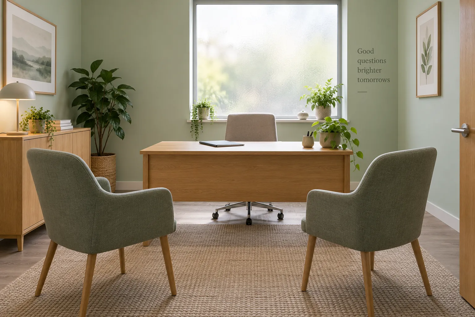 Empty consultation room with green walls and two chairs
