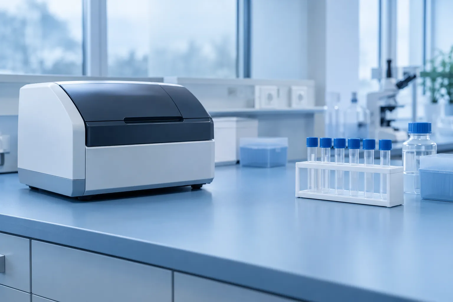 Generic laboratory analyser and capped sample tubes on a blue bench