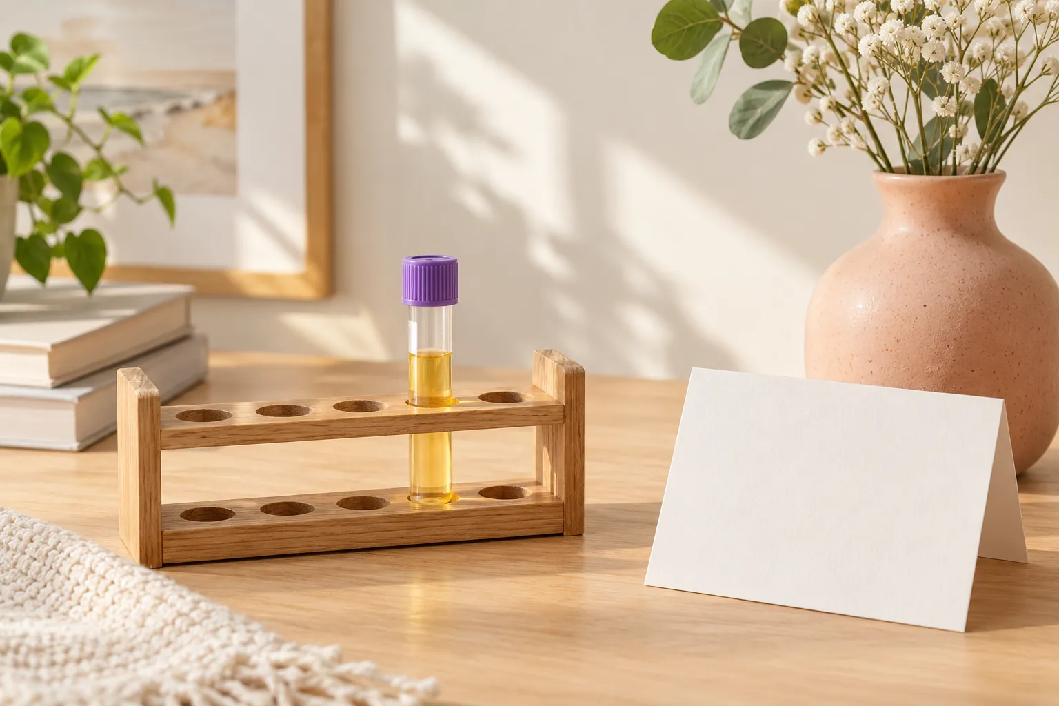 Unbranded specimen tube in a wooden rack beside a blank card in daylight