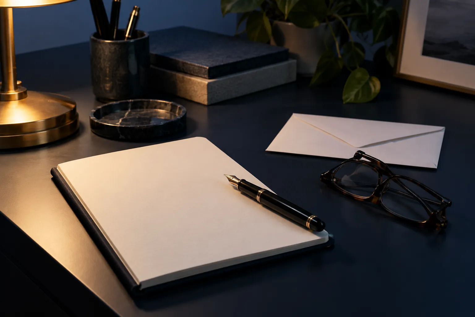 Blank notebook, pen and spectacles on a dark desk under lamplight