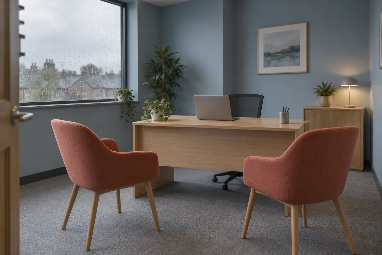 Illustrative empty consultation room with rust-coloured chairs and wooden desk