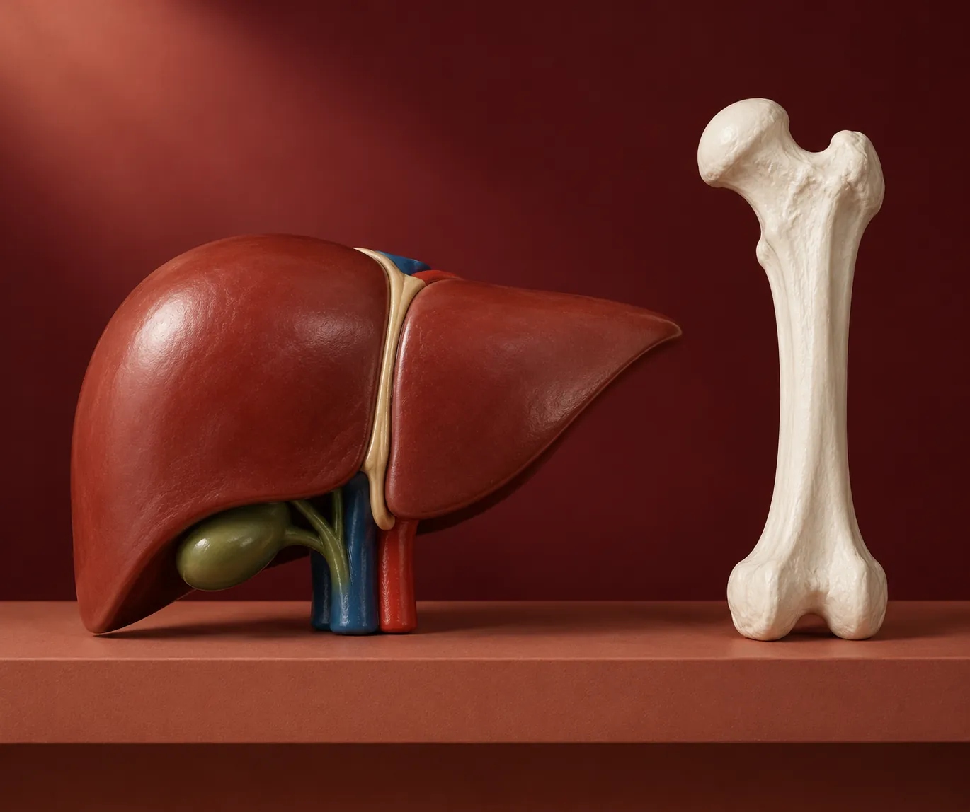 Illustrative liver and bone teaching models against a deep red backdrop