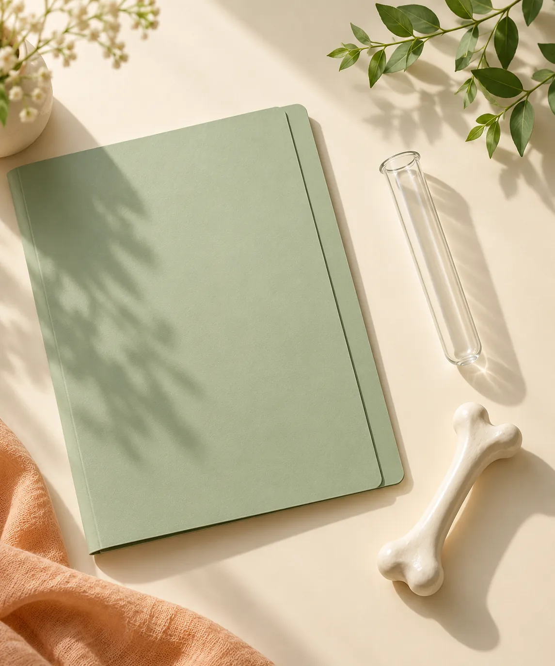 Illustrative sage notebook, clear glass tube and bone teaching model on a sunlit cream surface