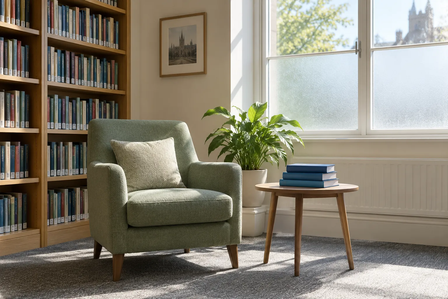 Sunlit reading corner with a sage armchair and plain books
