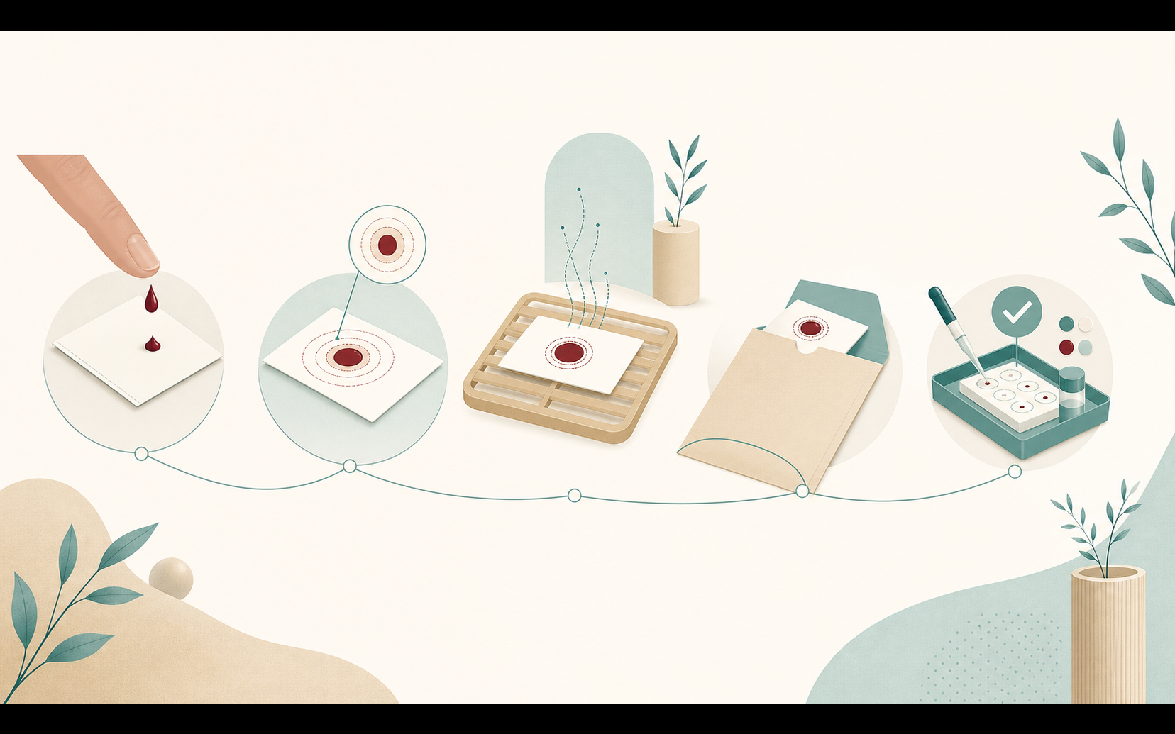 Dried blood spot workflow showing collection, drying, postage, laboratory analysis and reporting risk points