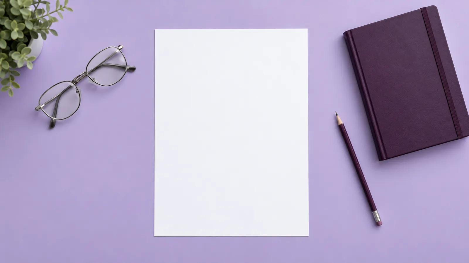 Illustrative blank report sheet, reading glasses and notebook on a lavender desk