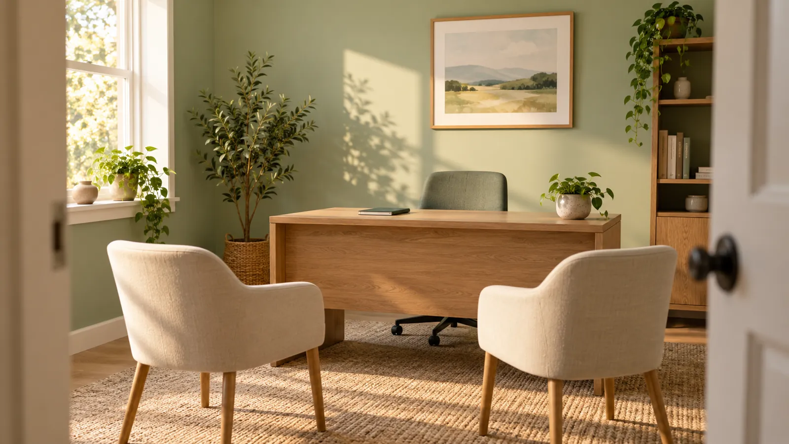 Illustrative empty consultation room with desk and visitor chairs