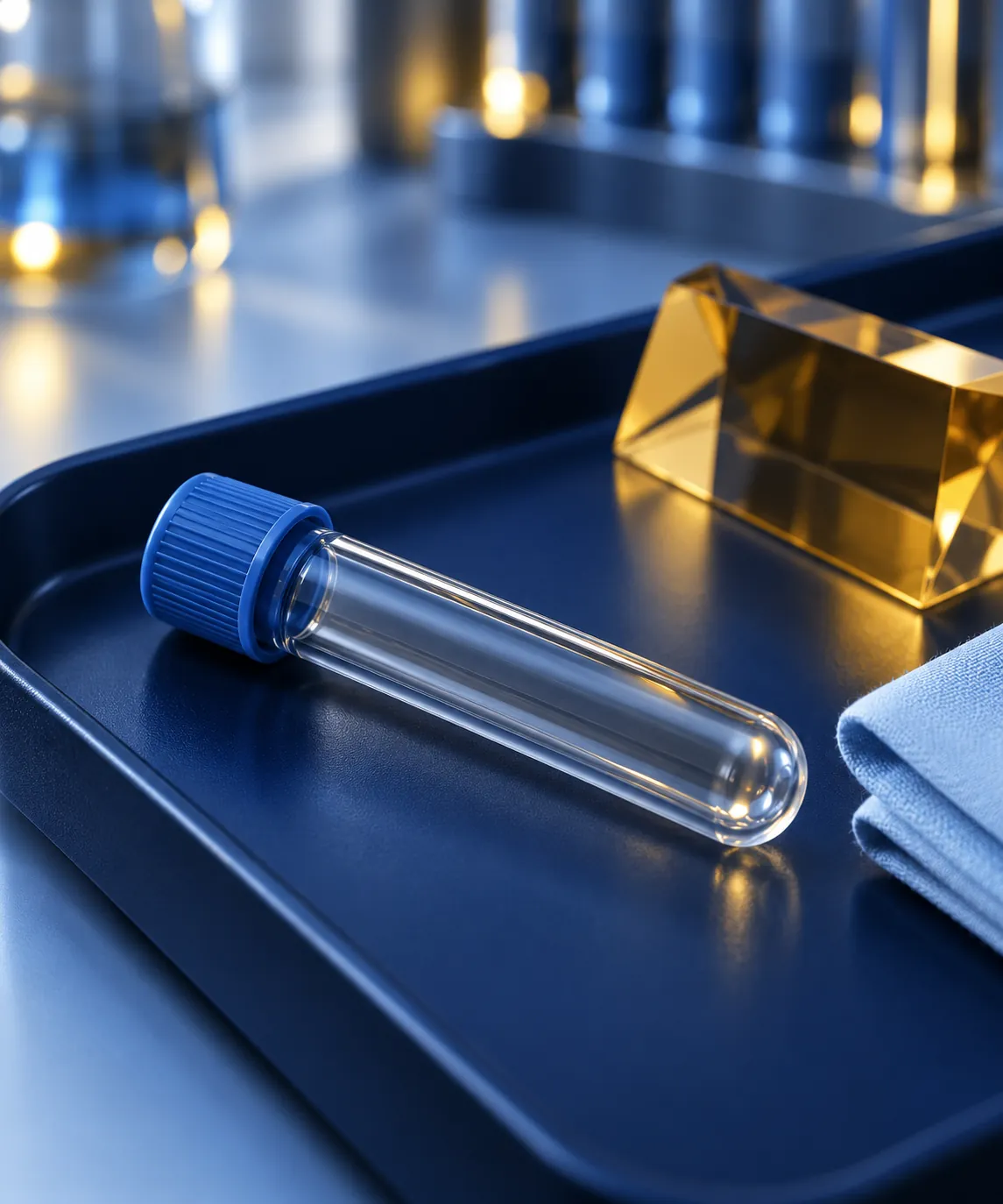 Illustrative specimen-style tube and amber object on a navy tray, not a clinical result