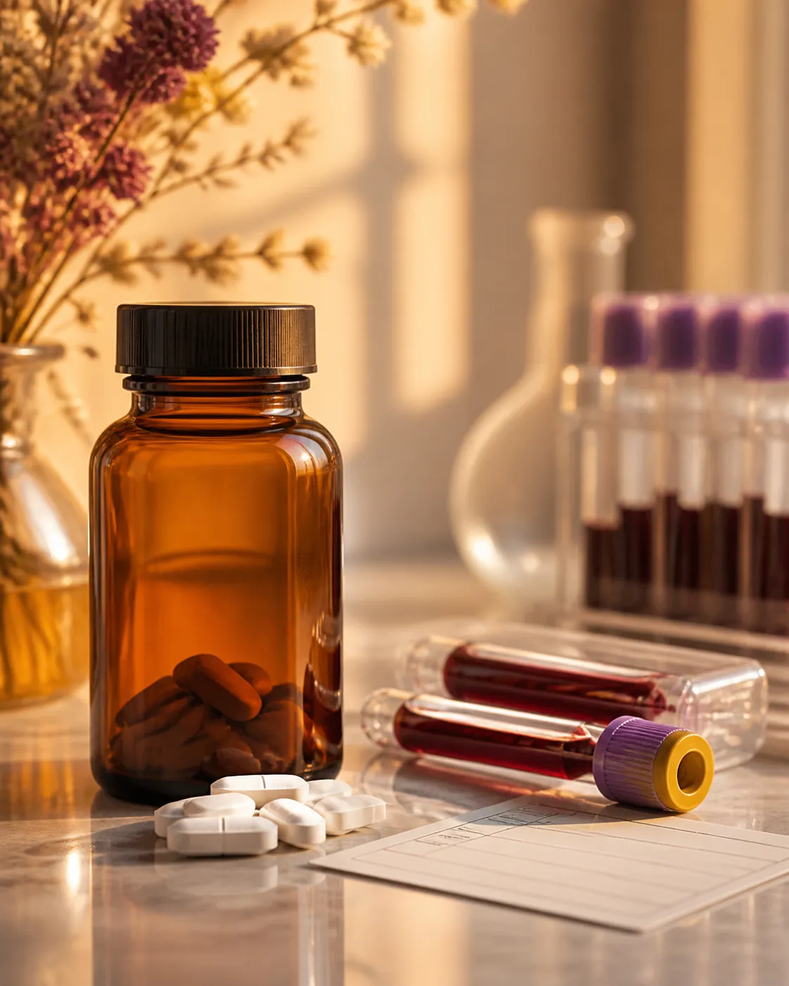 Biotin supplement bottle beside sealed blood sample tubes in warm light