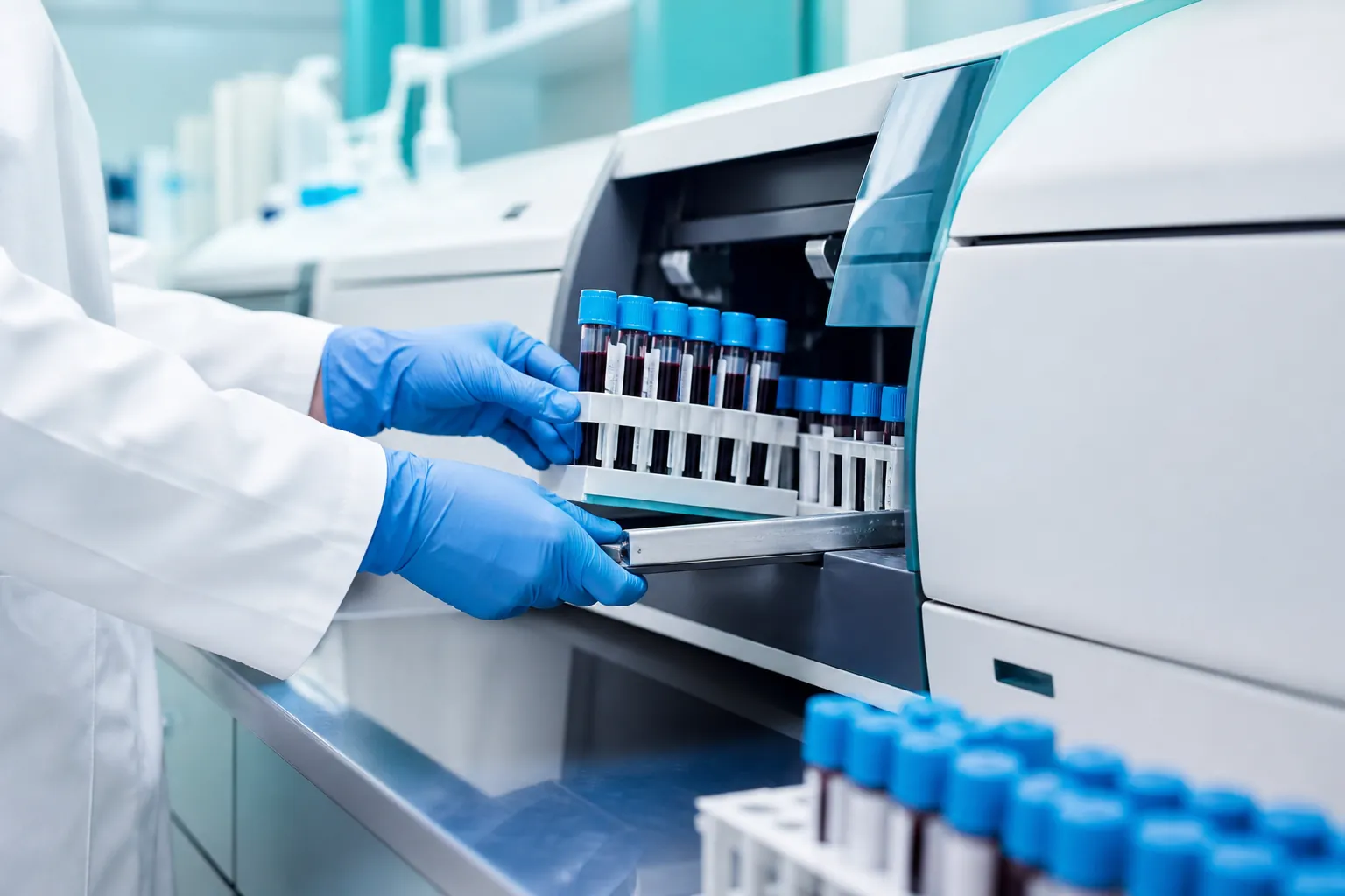 Scientist loading capped samples into an immunoassay analyser
