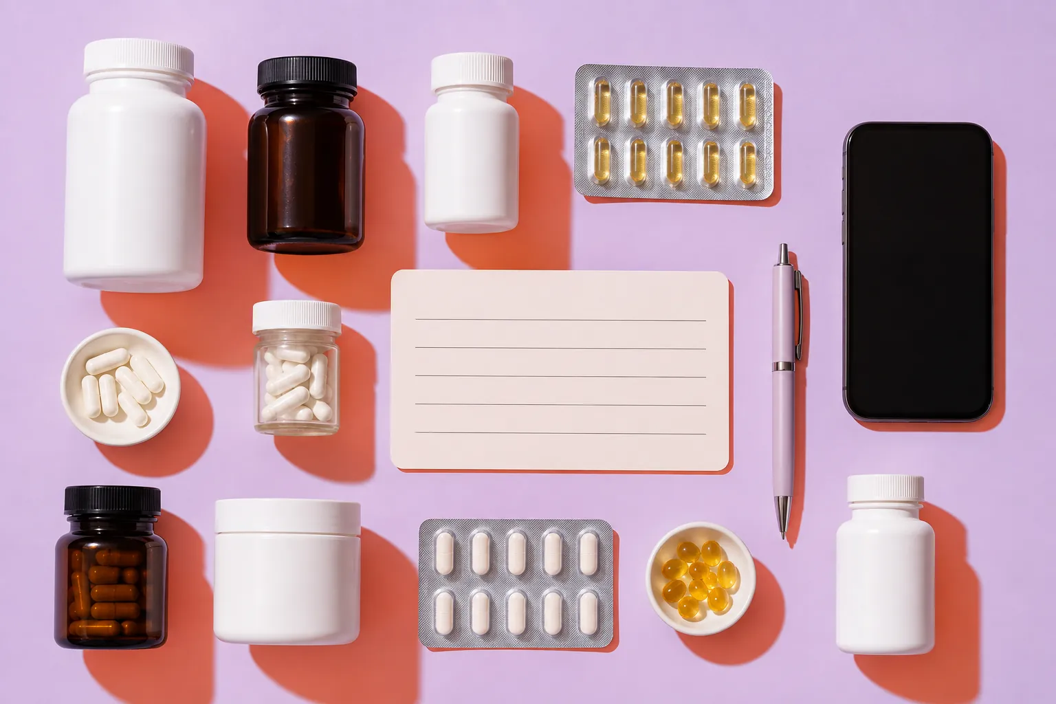 Supplement containers and a blank appointment card viewed from above
