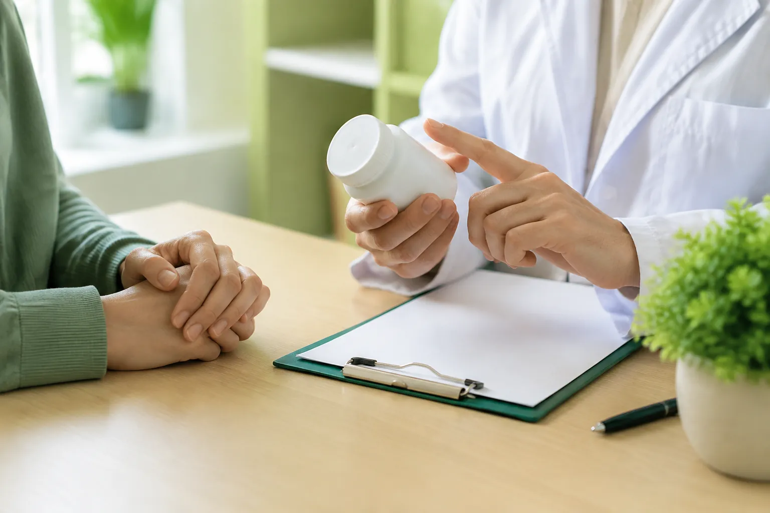 Clinician and patient reviewing a supplement bottle and medicine list