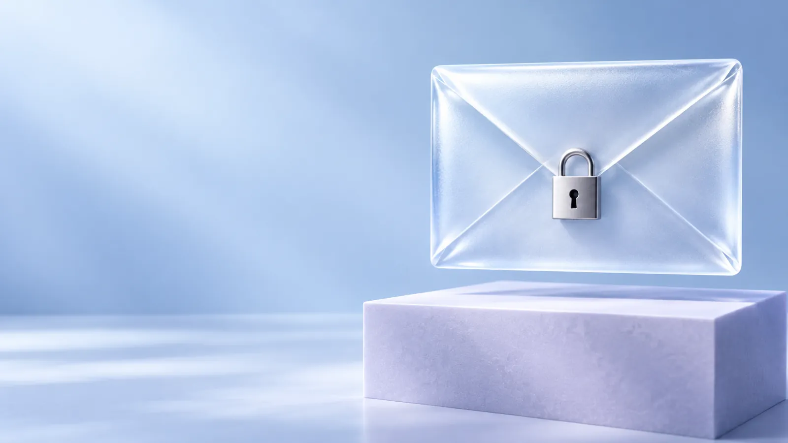 Conceptual frosted-glass envelope with a silver clasp against a cool blue and lavender studio background