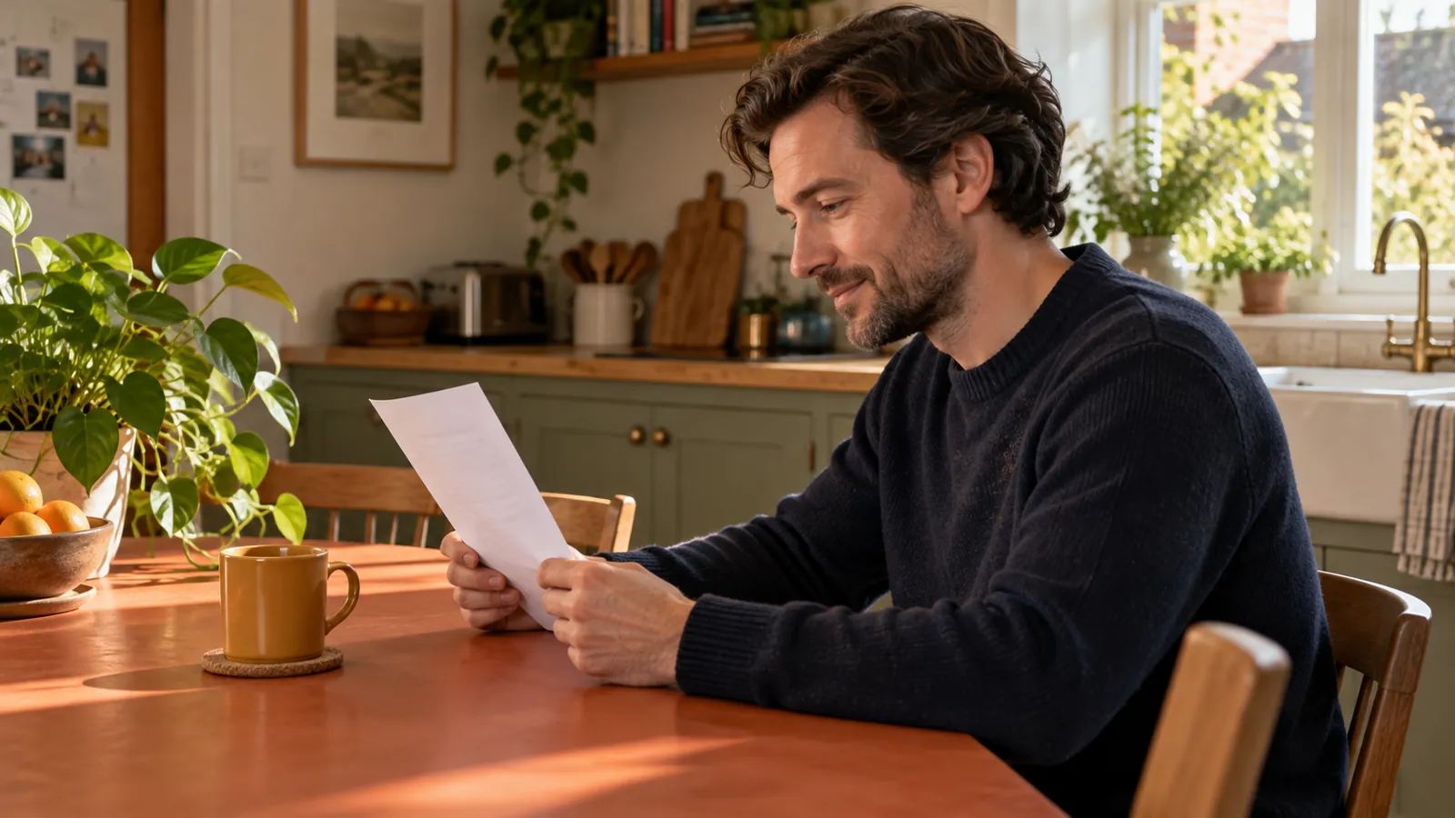 Illustrative adult reading a sheet of paper at a calm kitchen table