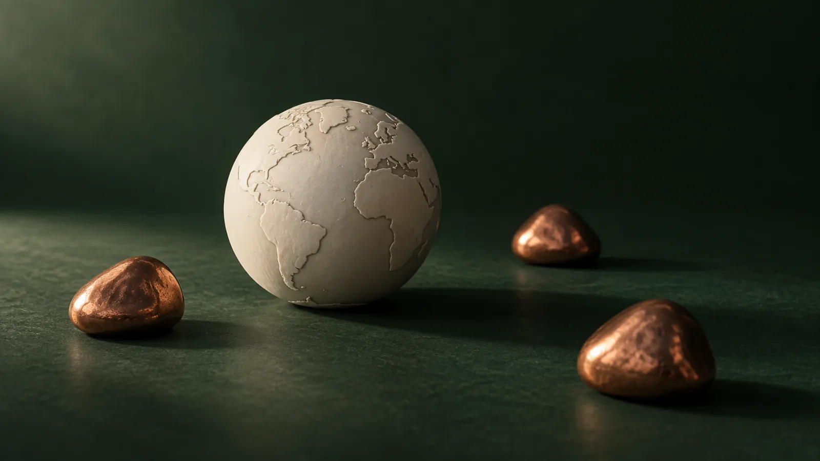 Conceptual globe and separate data-location markers on a dark green studio surface
