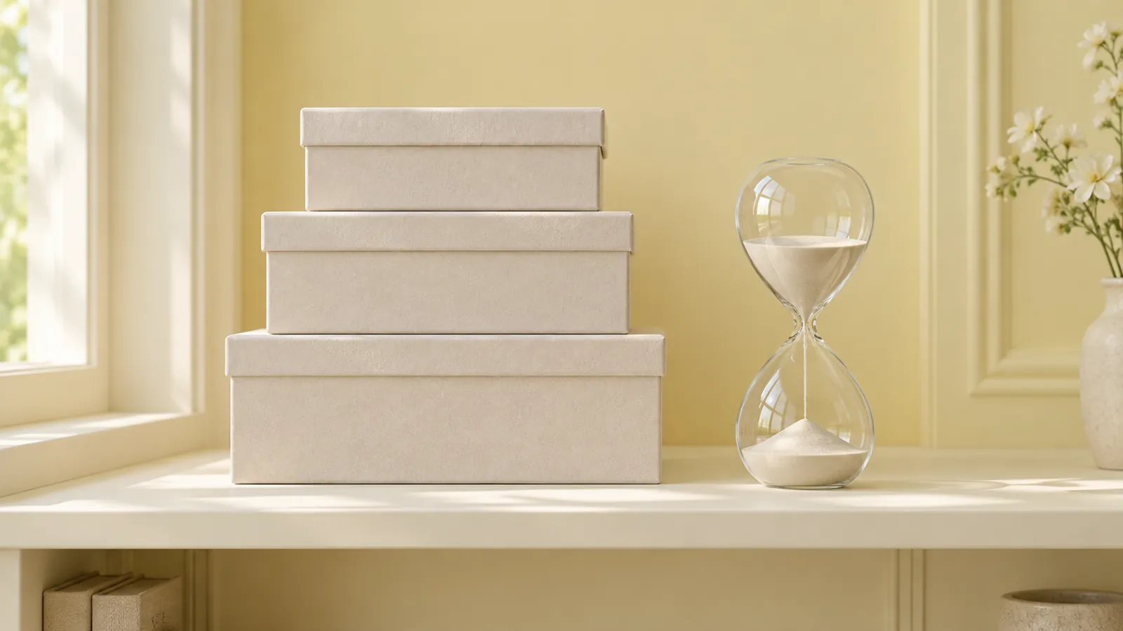 Conceptual paper archive and hourglass representing questions about record retention