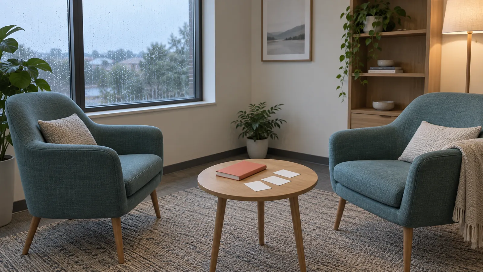 Illustrative quiet meeting room with teal chairs, a notebook and blank cards