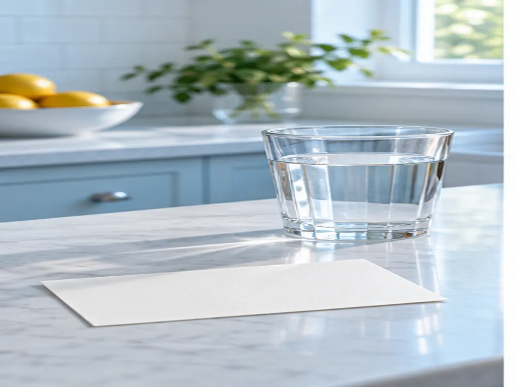 Glass of water and blank appointment card in a pale-blue kitchen