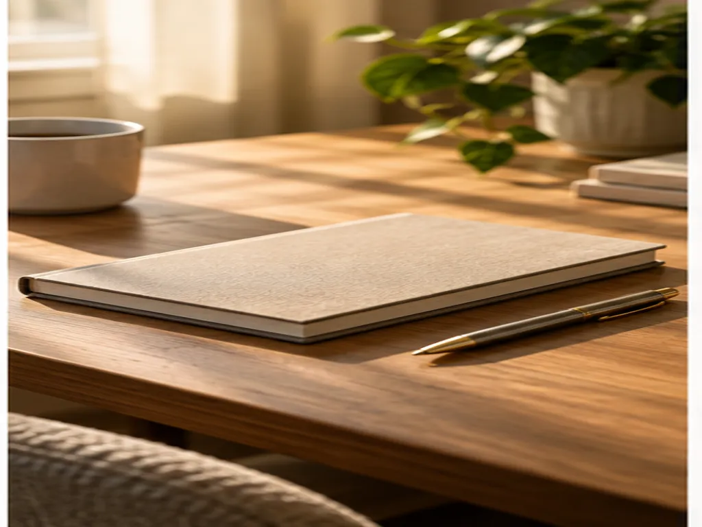 Closed notebook and pen on a warm morning desk