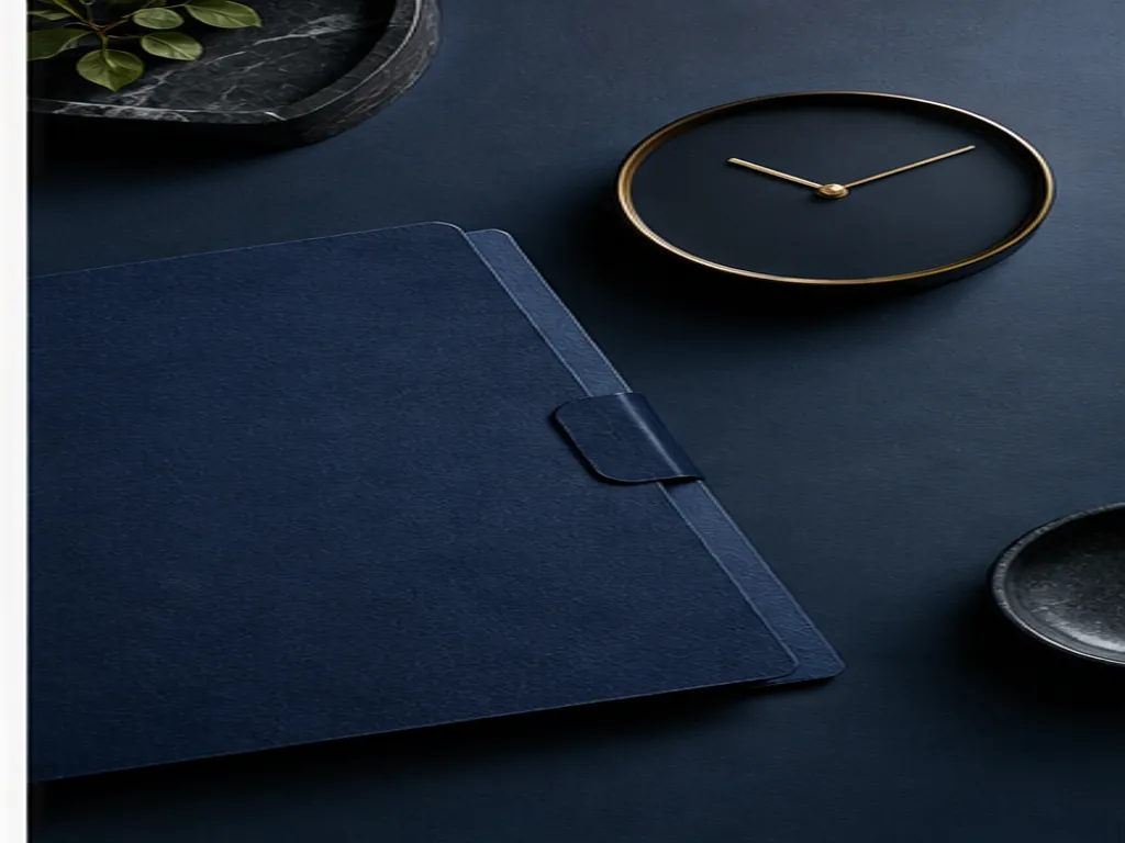 Navy folder and unmarked clock