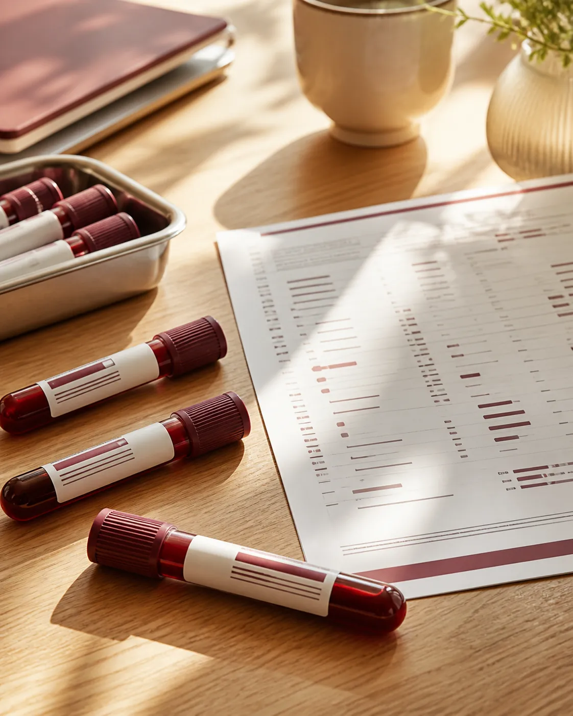 Blood tubes and an anonymised laboratory report in warm morning light
