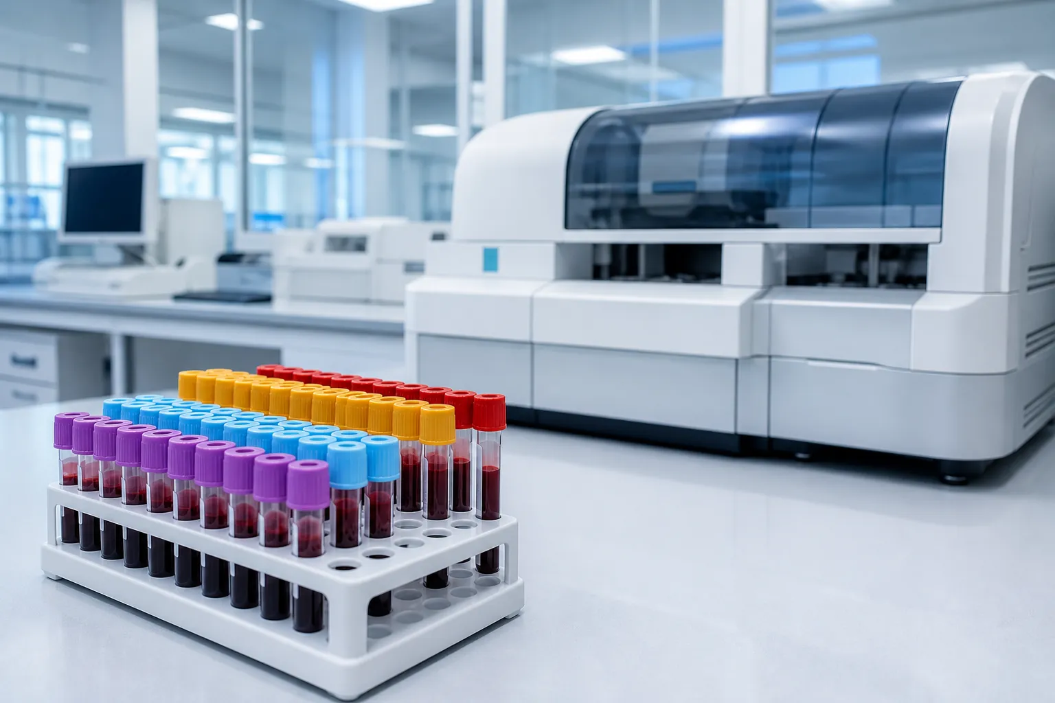 Colour-coded blood tubes beside a clinical laboratory analyser