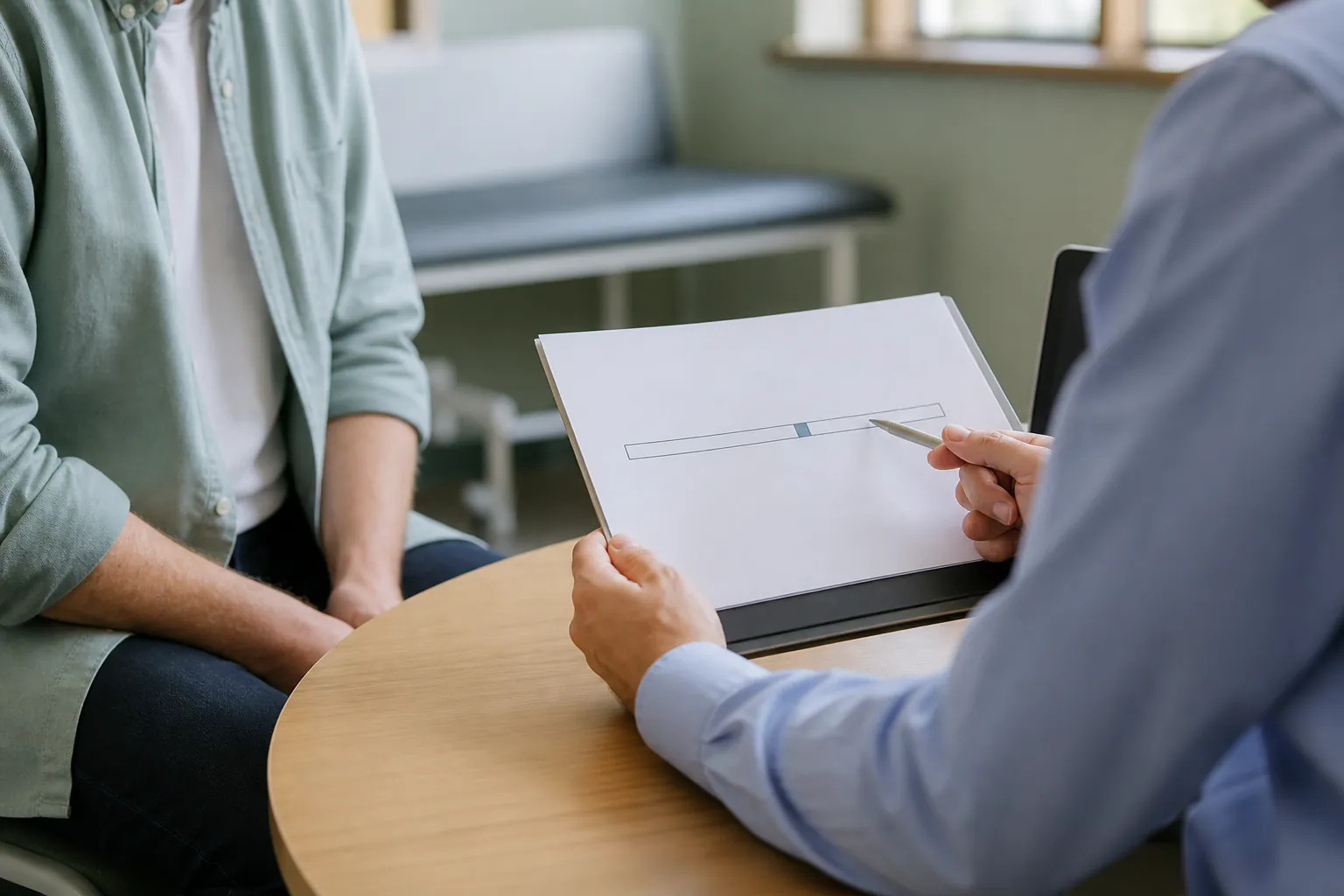 Clinician and patient reviewing an anonymous result range