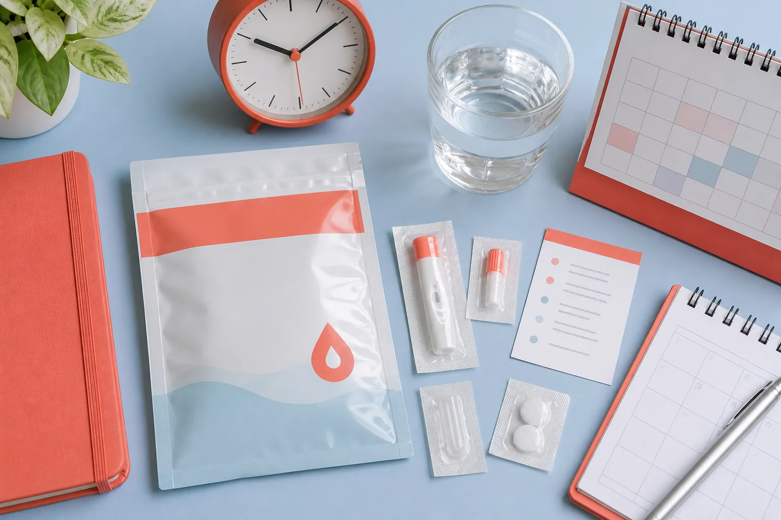 Top-down home blood test preparation scene with kit, clock and water