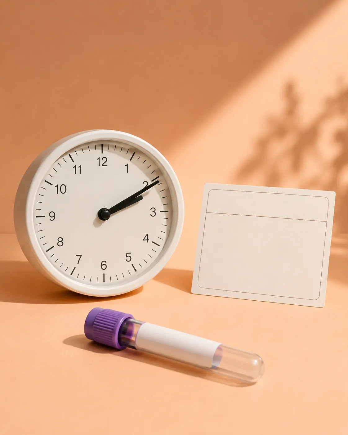 Clock sealed blood sample tube and appointment card in warm afternoon light