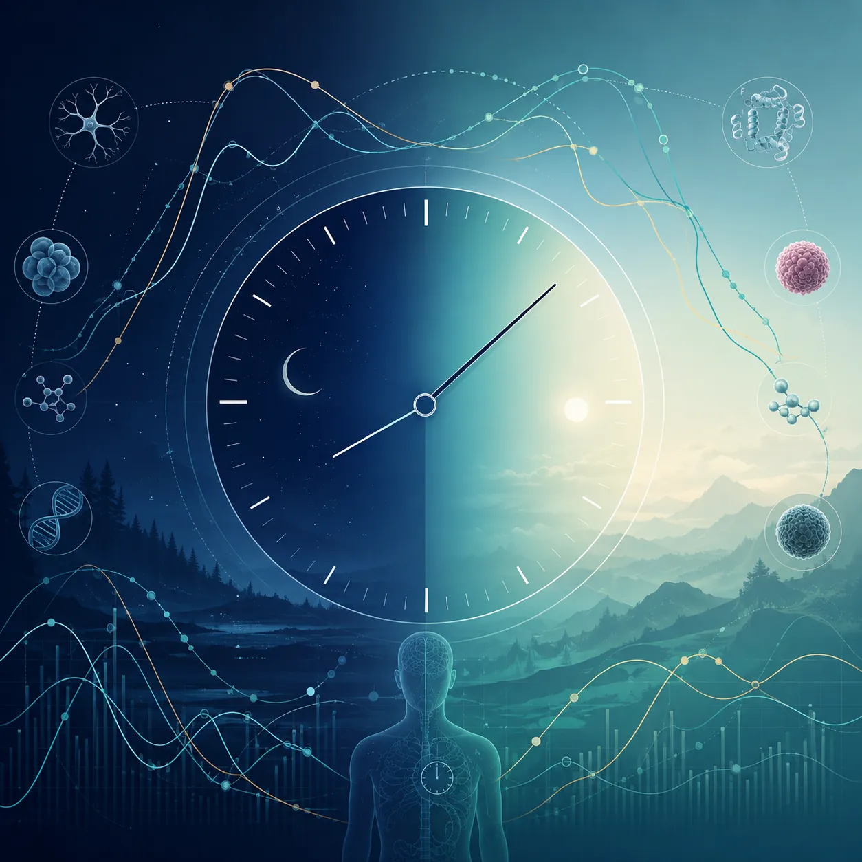 Scientific illustration of a clock and changing biomarker curves