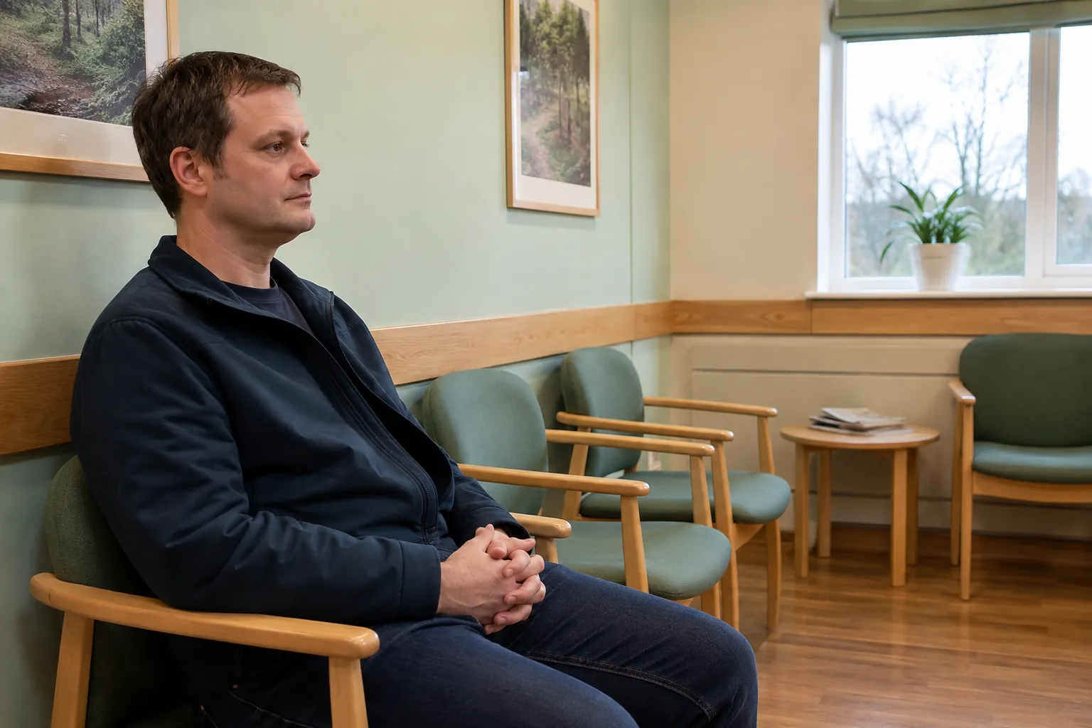 UK patient waiting calmly before an early morning blood test