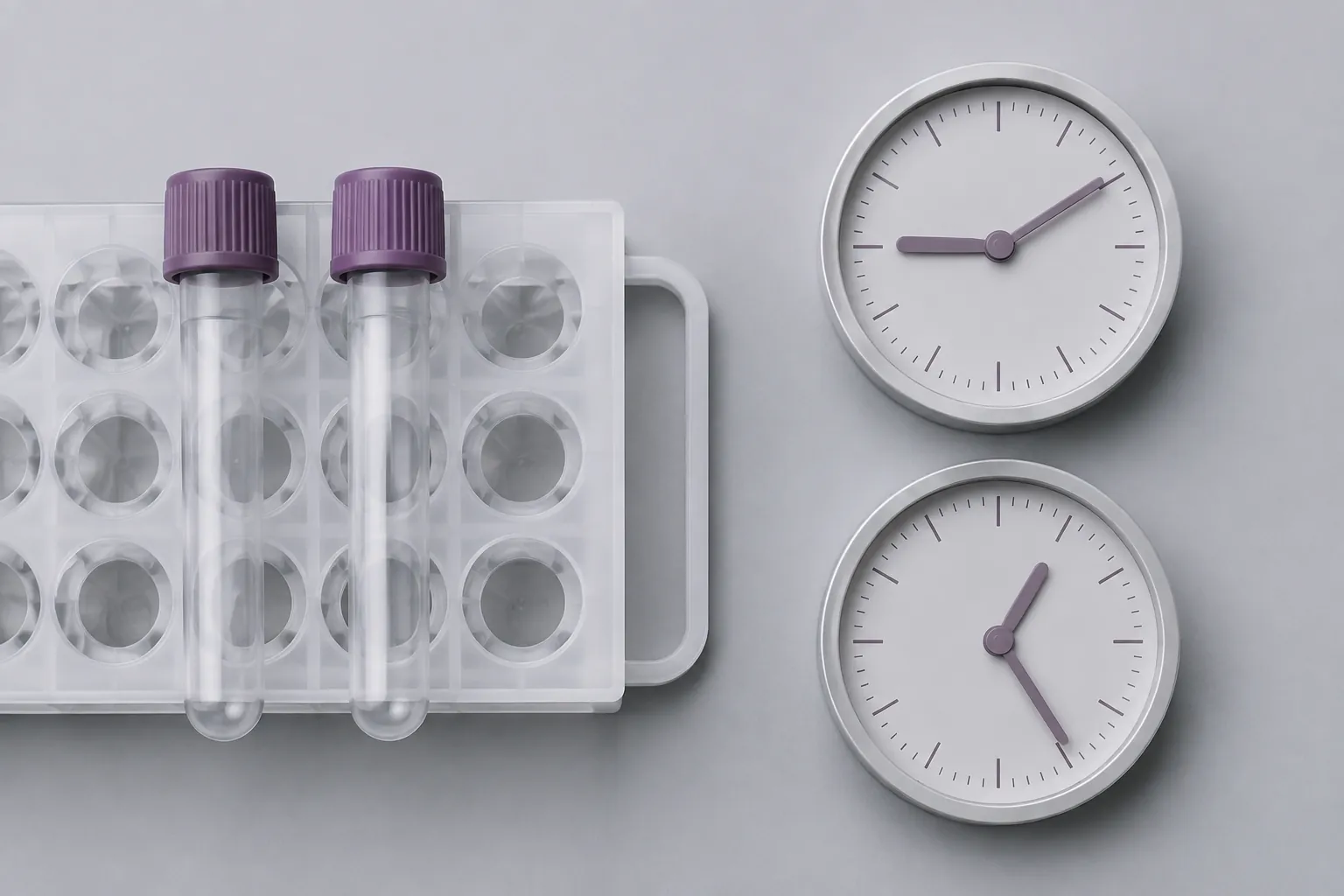 Laboratory sample rack beside morning and afternoon clocks