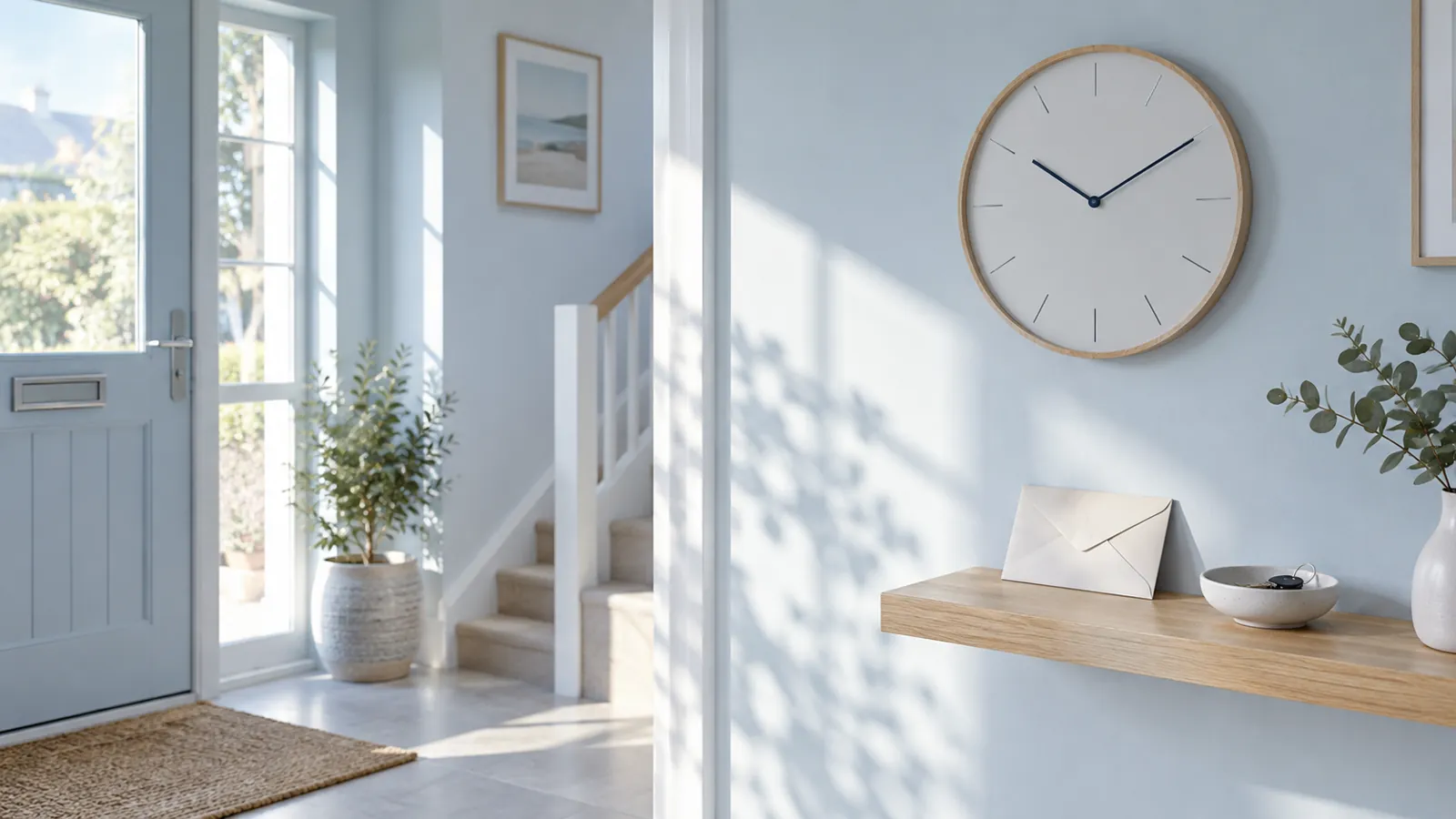Illustrative wall clock and closed envelope in a bright home entrance, representing waiting for a report