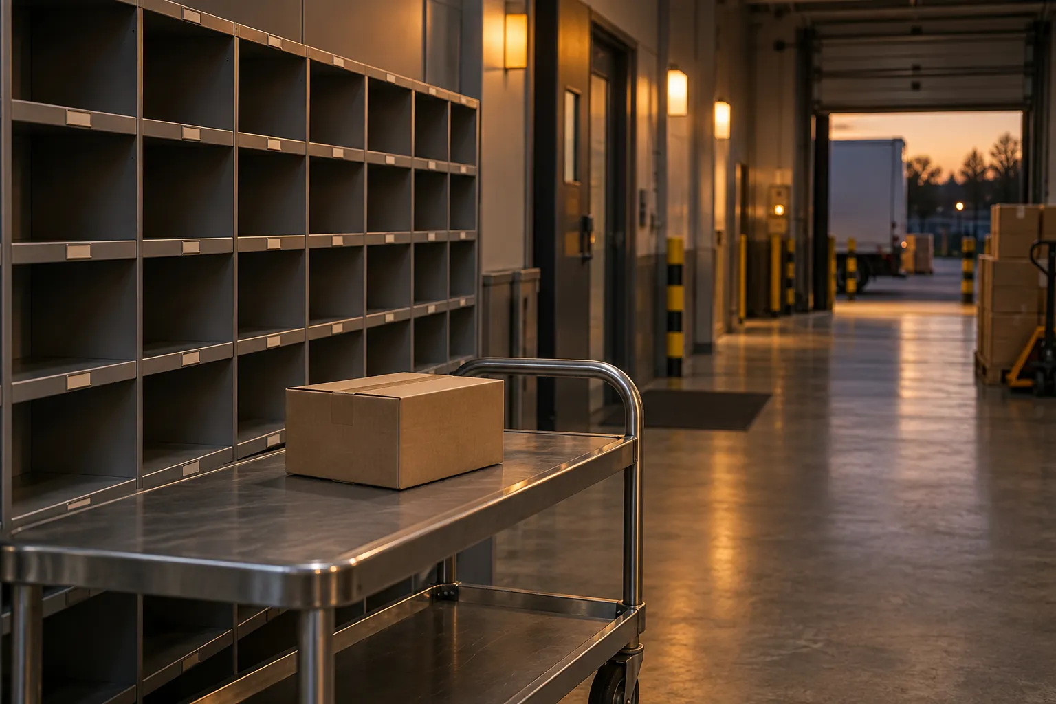 Illustrative parcel on a trolley in a dispatch corridor, not a mescreen™ kit or facility