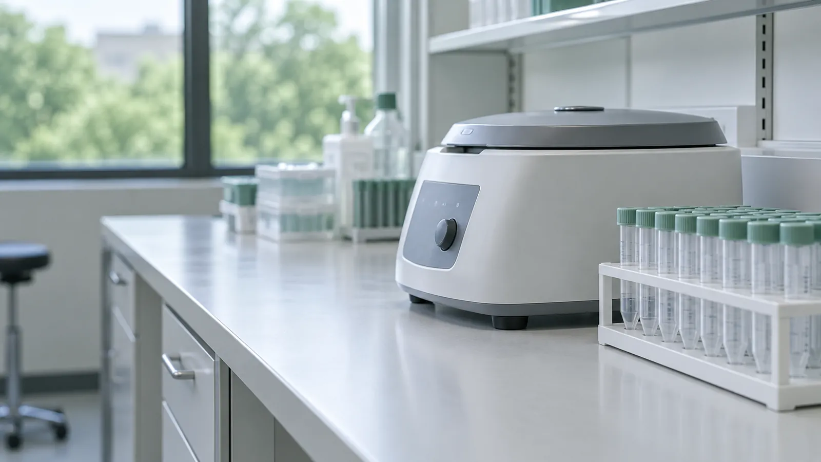 Illustrative laboratory bench with closed equipment and unused tubes, not mescreen™'s laboratory or assay