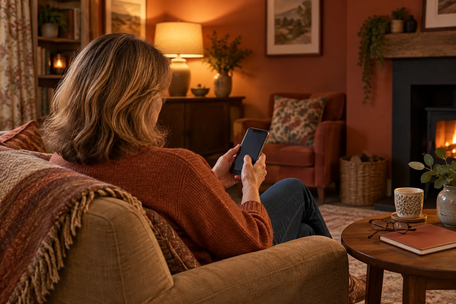 Illustrative adult checking a phone in a softly lit sitting room, not a patient story or visible test result