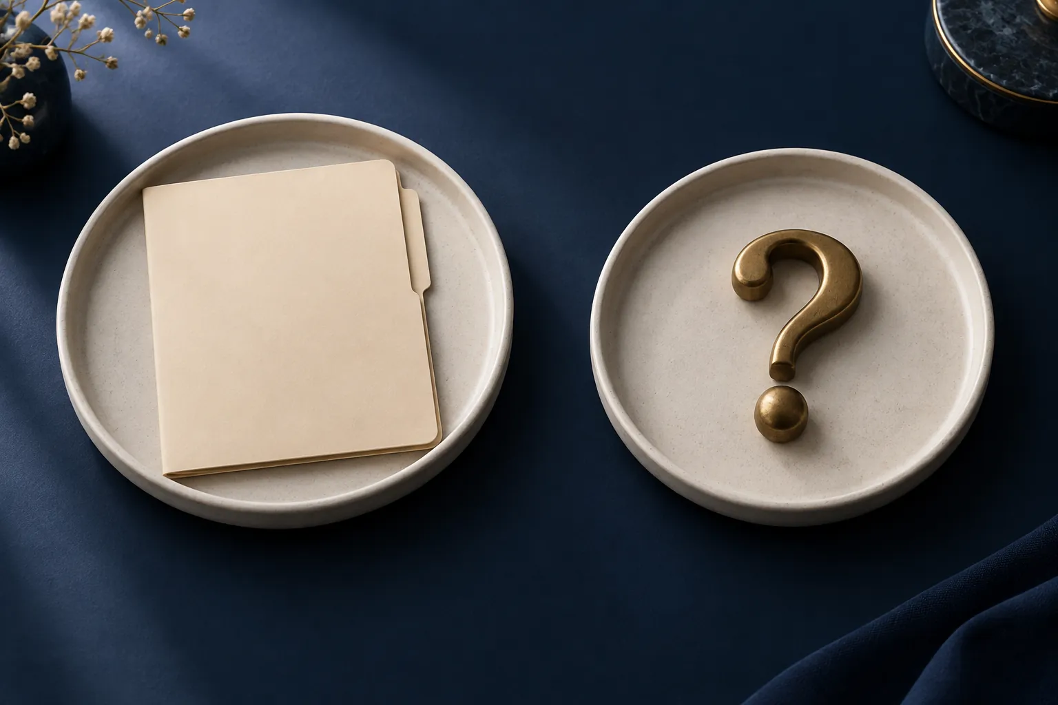 Conceptual separate trays holding a folder and a question mark, representing a report and follow-up questions
