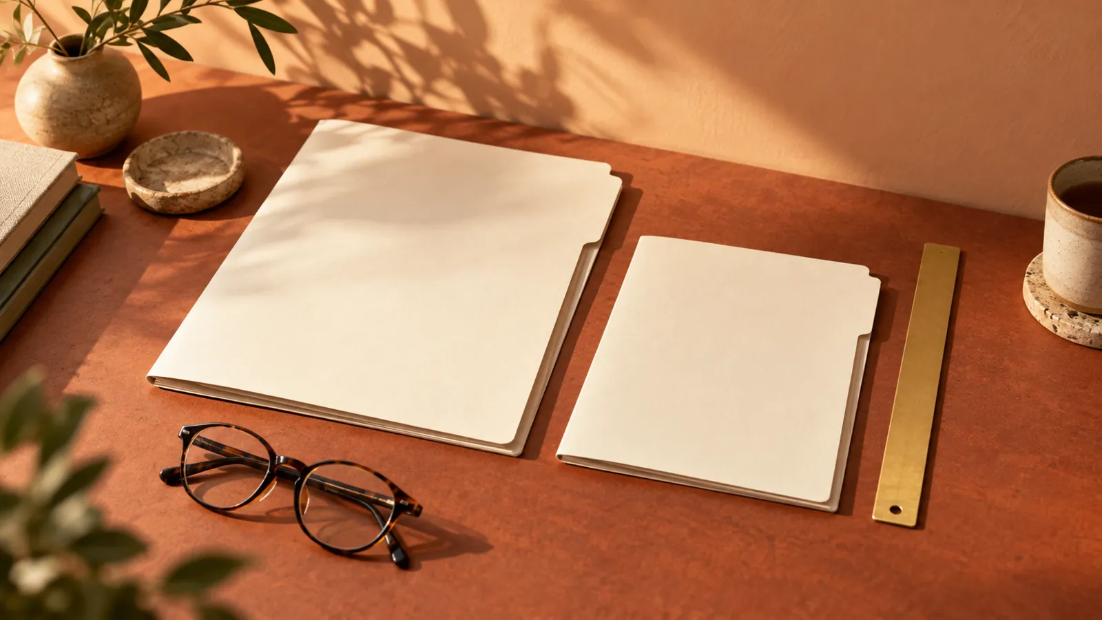 Conceptual blank folders and an unmarked ruler in warm sunlight, not patient reports or actual test results