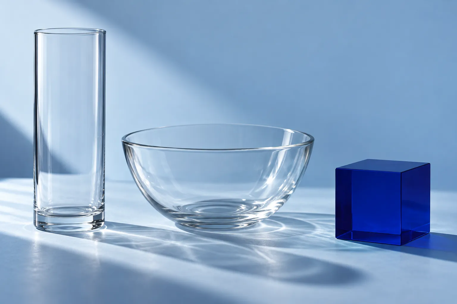 Abstract empty glass vessels and a blue cube, illustrating measurement concepts rather than a clinical diagram