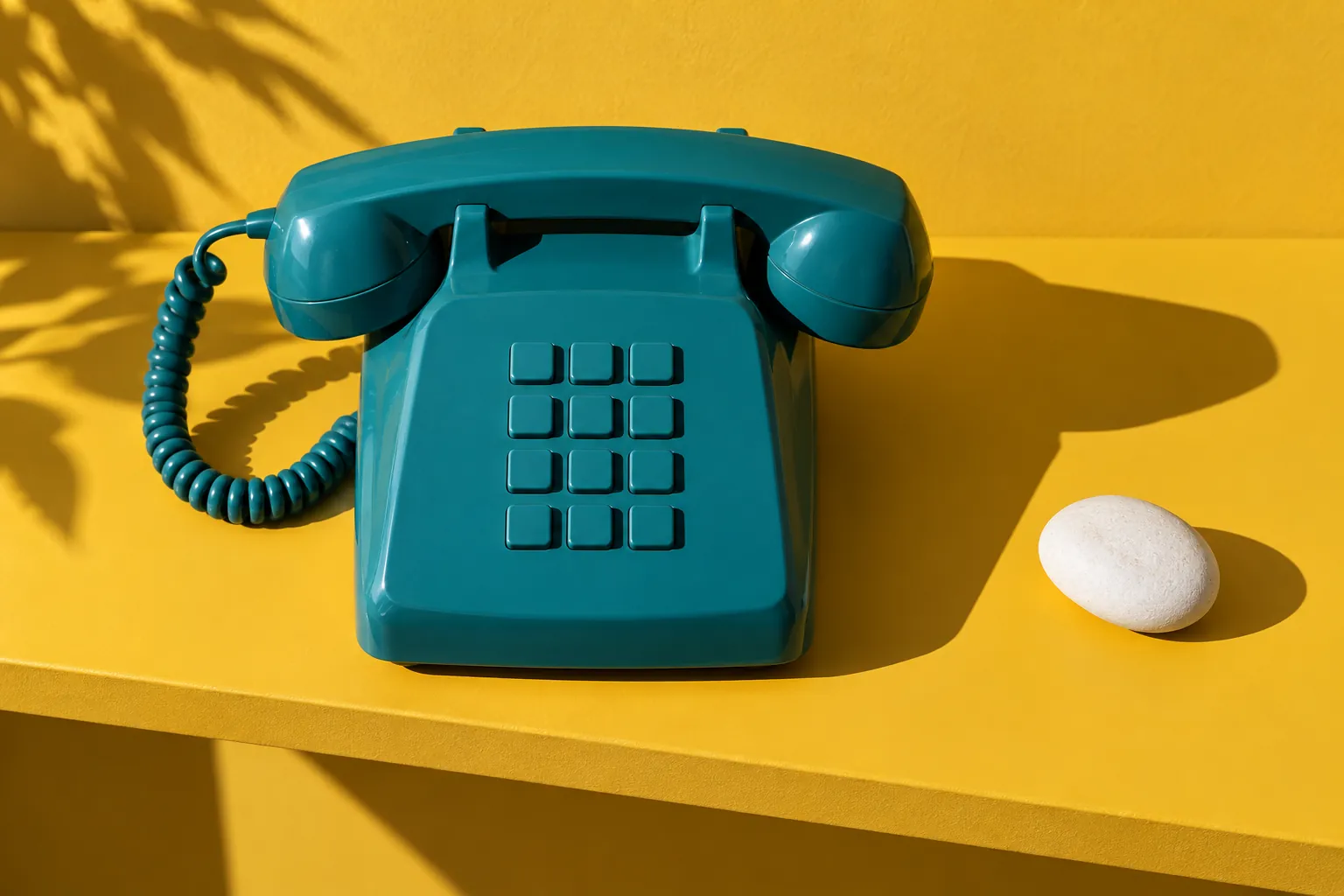 Illustrative teal telephone on a yellow shelf, representing a question to the reporting team rather than a real service photograph