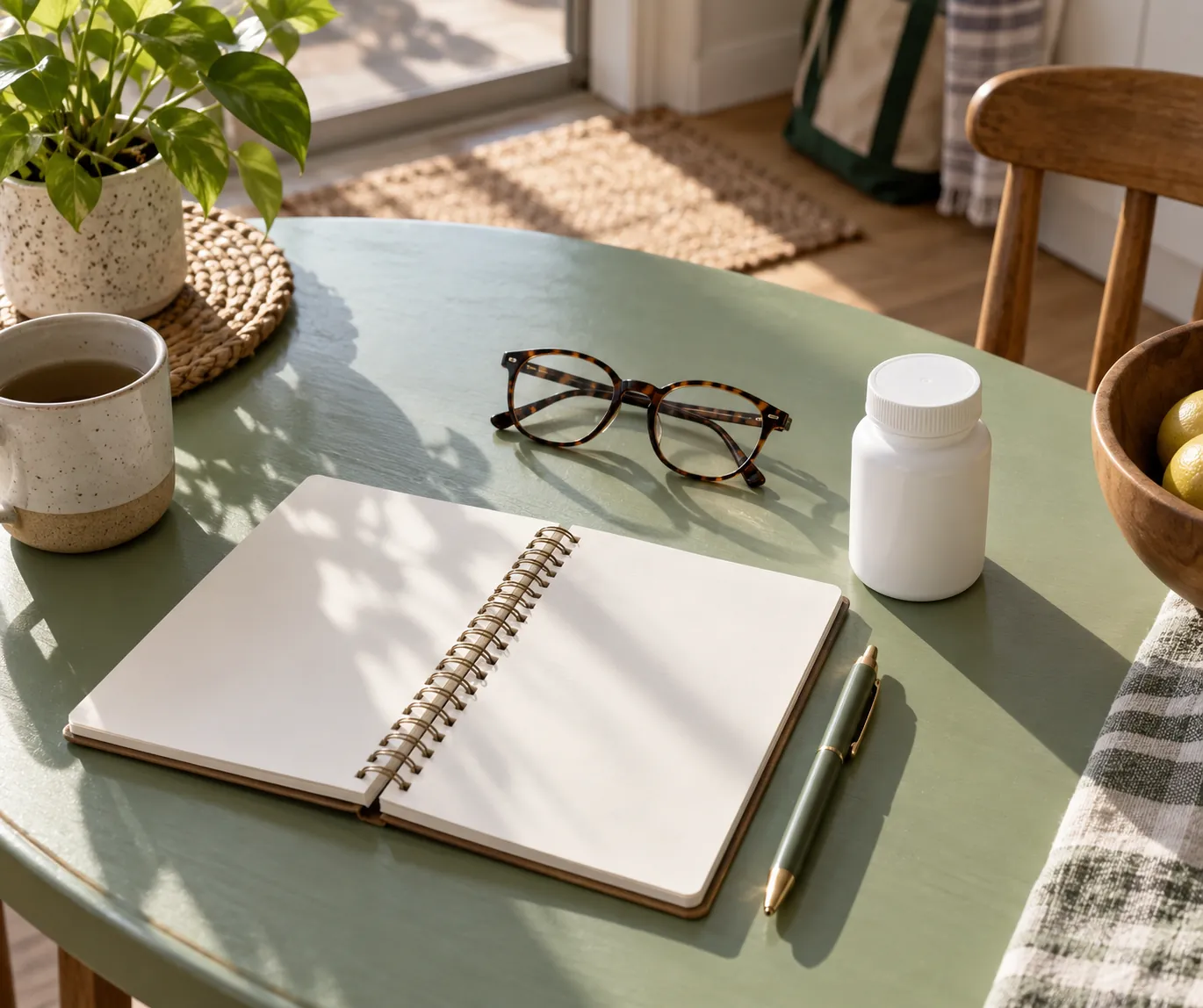 Blank appointment notebook, glasses and an unlabelled bottle on a sunlit table.