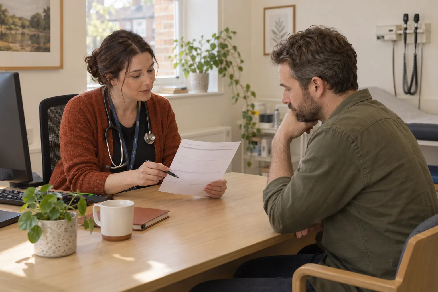 Clinician discussing a printed report with an adult at a wooden desk.