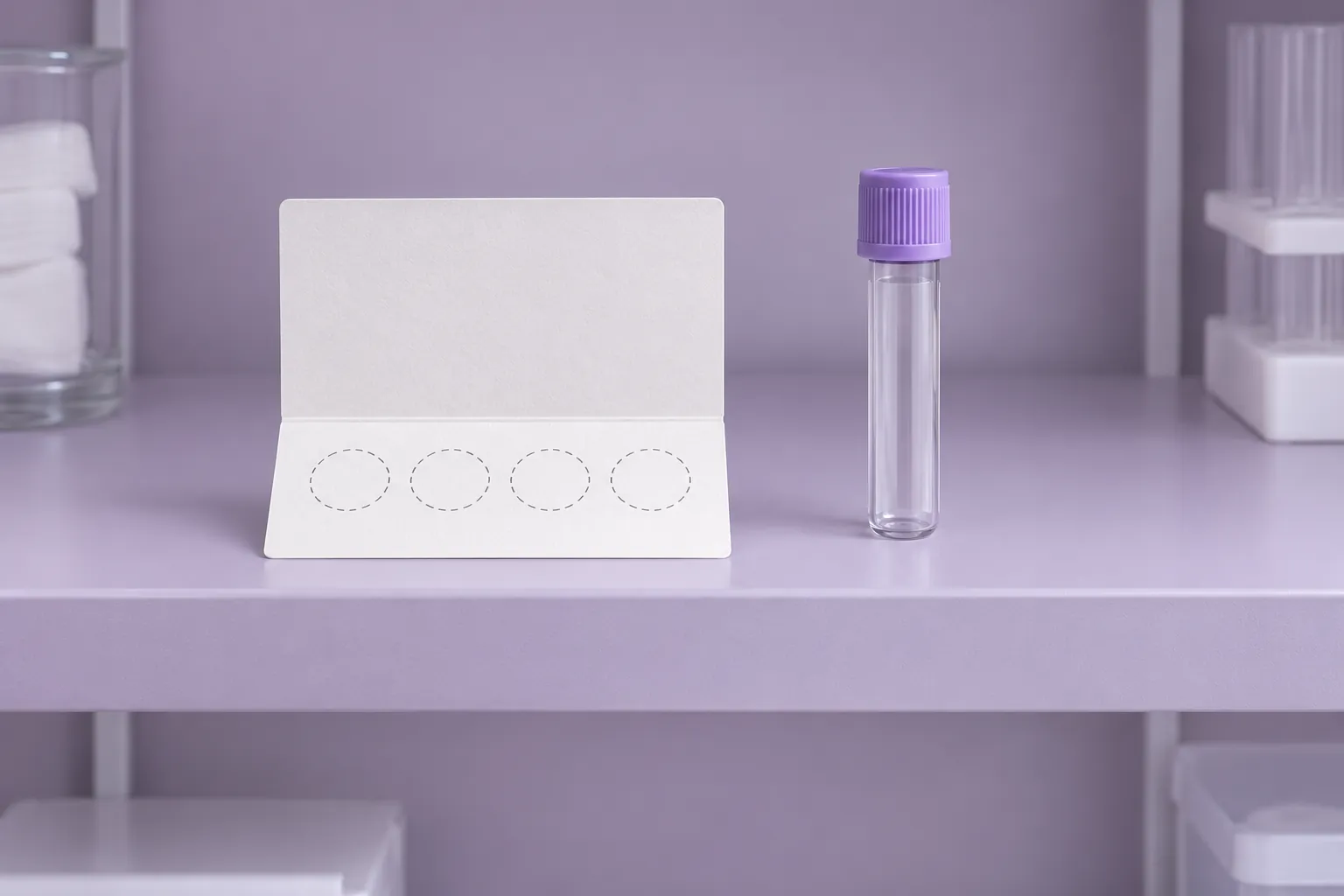 Empty sample tube beside an unmarked collection card on a lilac counter.