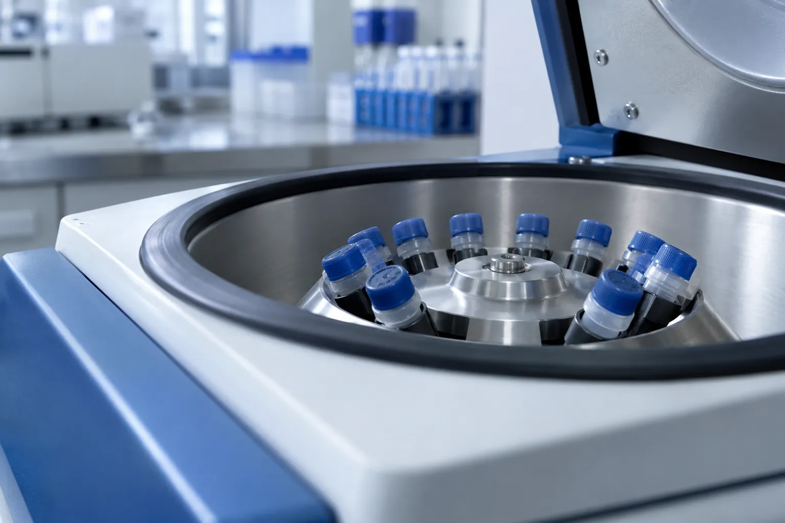 Open laboratory centrifuge containing closed sample tubes.