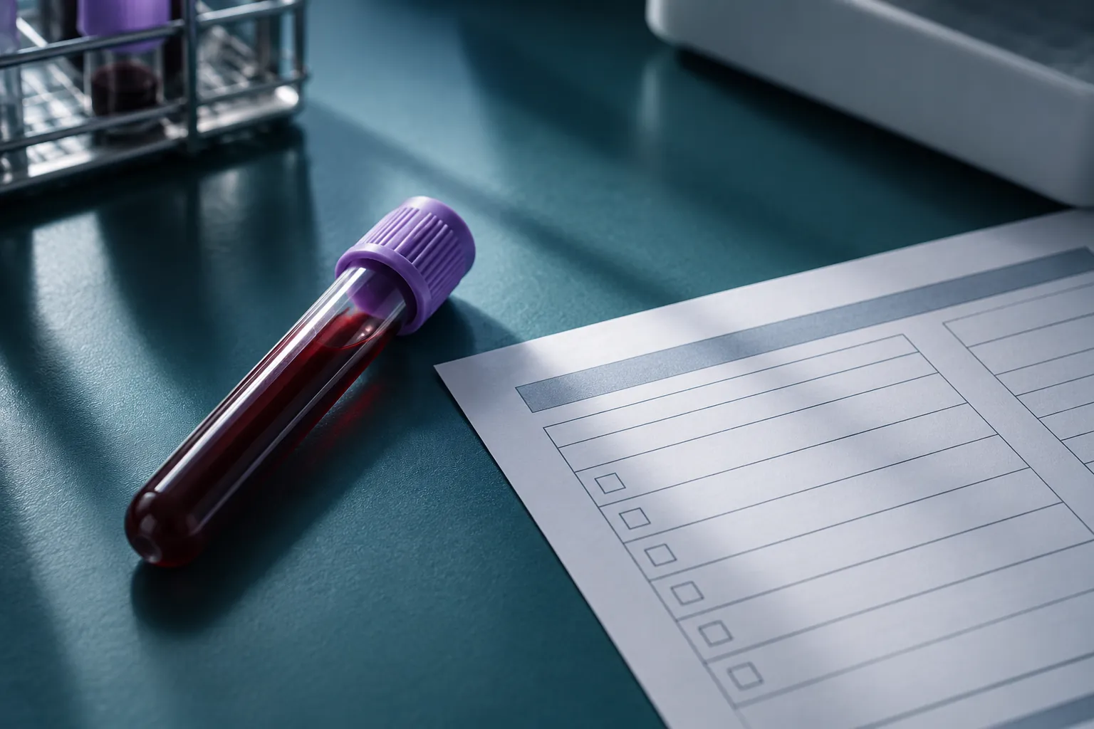 Purple-capped sample tube beside a blank form on a dark teal laboratory surface.