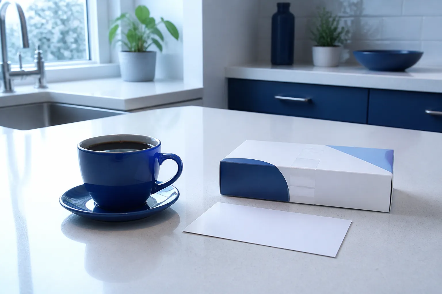 Untouched coffee beside a sealed home blood test kit in cool morning light