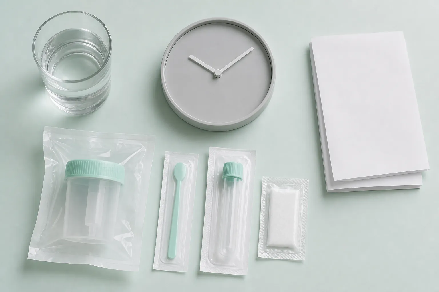 Plain water, clock and sealed sample items arranged from above
