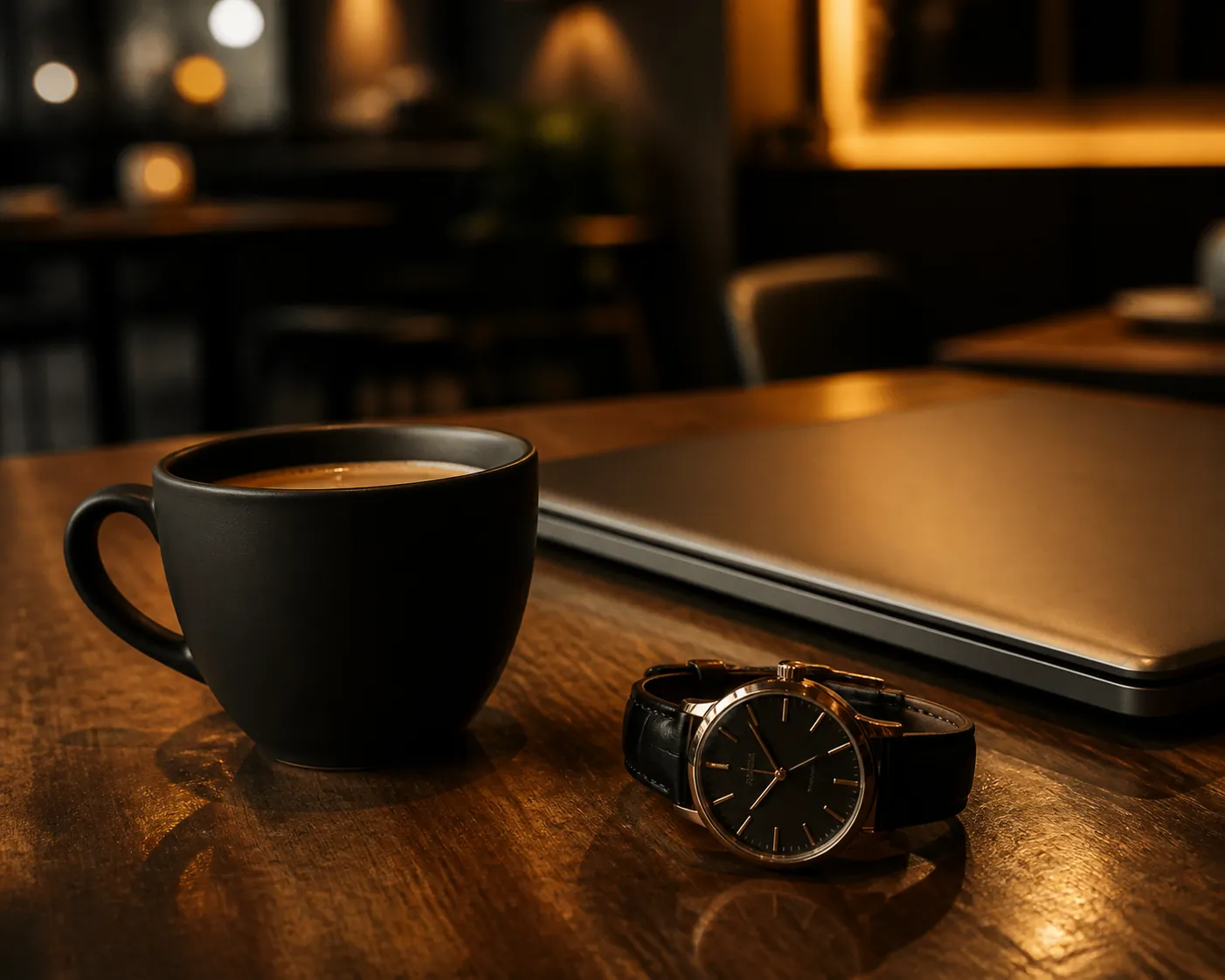 Black coffee cup beside a wristwatch in warm cafe light