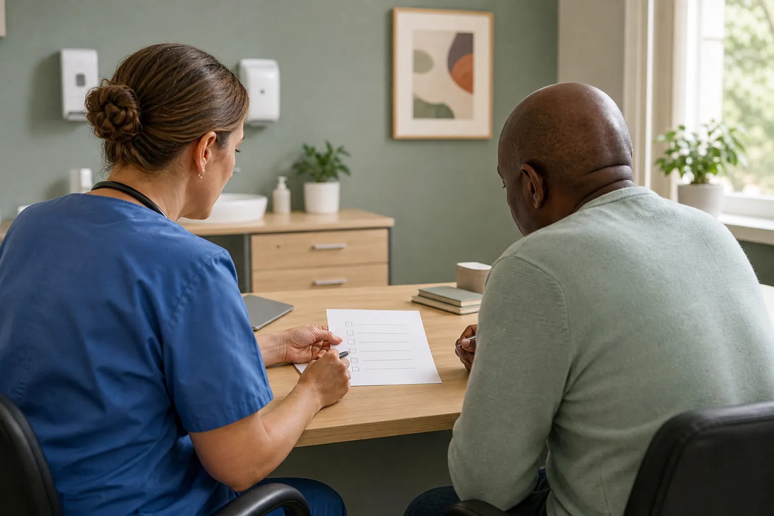 Clinician and patient reviewing a blank preparation checklist